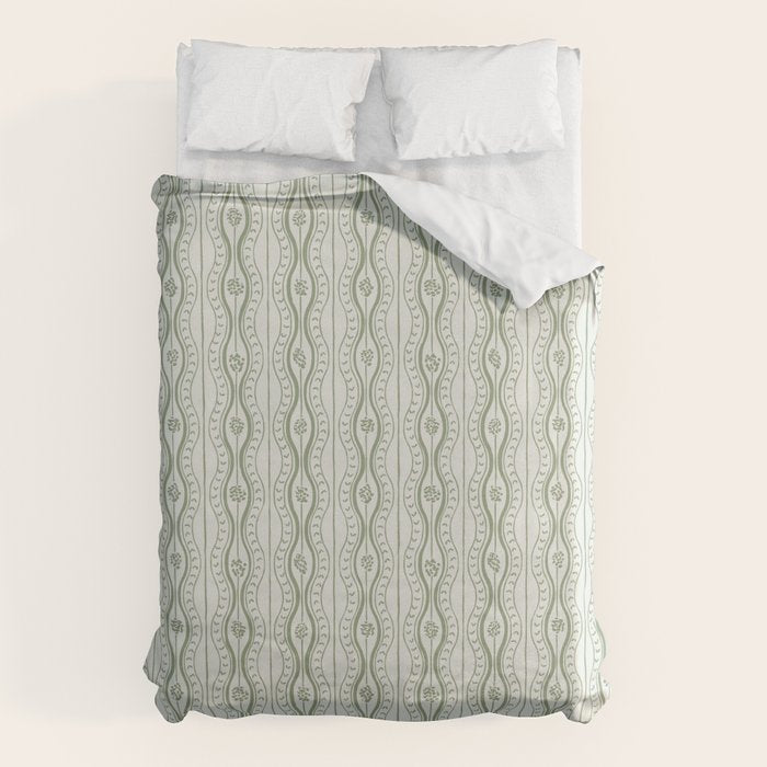 Wavy lines and tiny blooms - sage green tones pattern Duvet Cover Gallery Image 6