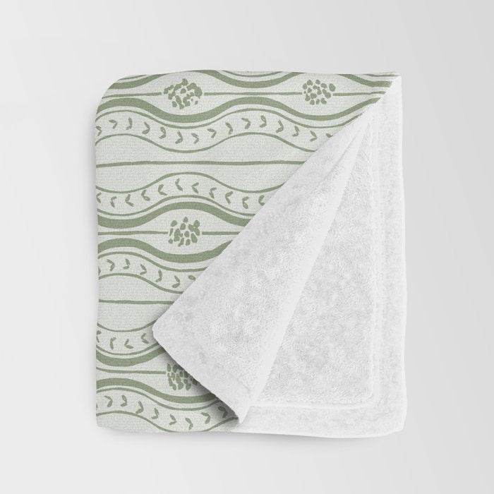Wavy lines and tiny blooms - sage green tones pattern Throw Blanket Gallery Image 3