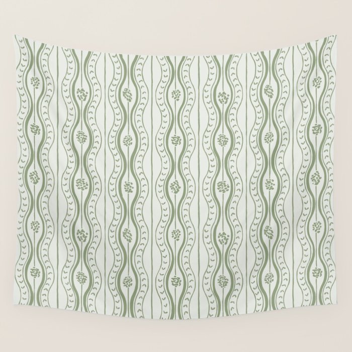 Wavy lines and tiny blooms - sage green tones pattern Wall Tapestry Gallery Image 1