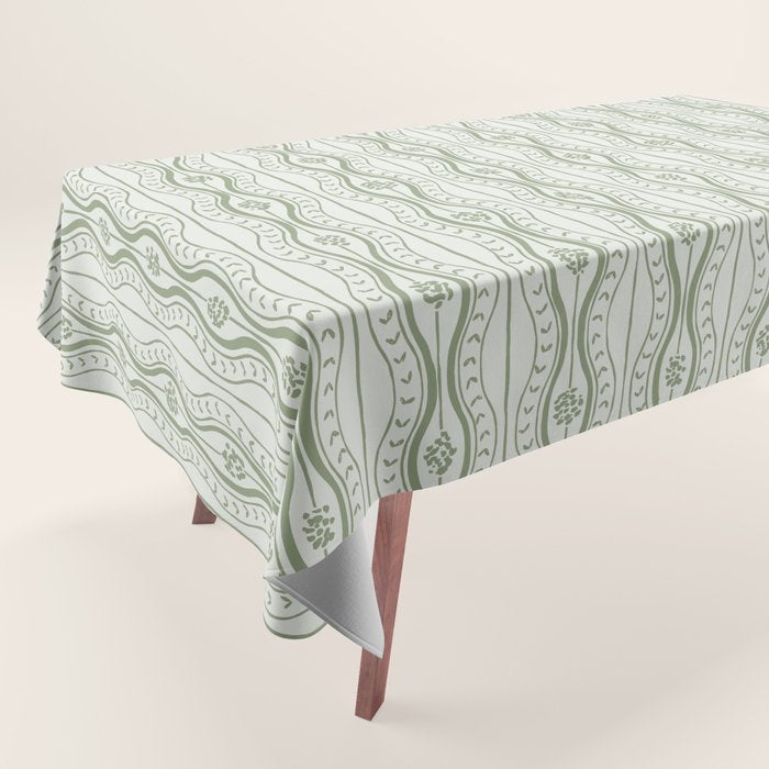 Wavy lines and tiny blooms - sage green tones pattern Tablecloth Gallery Image 1