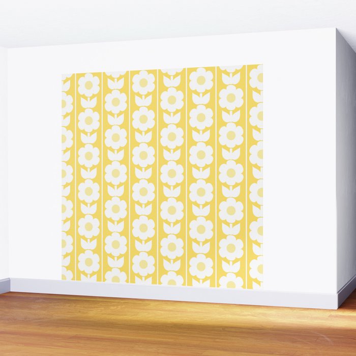 Vintage Floral Jonnty Flowers and Stripes Butter Yellow and White Cottage Stripes Wall Mural Gallery Image 2