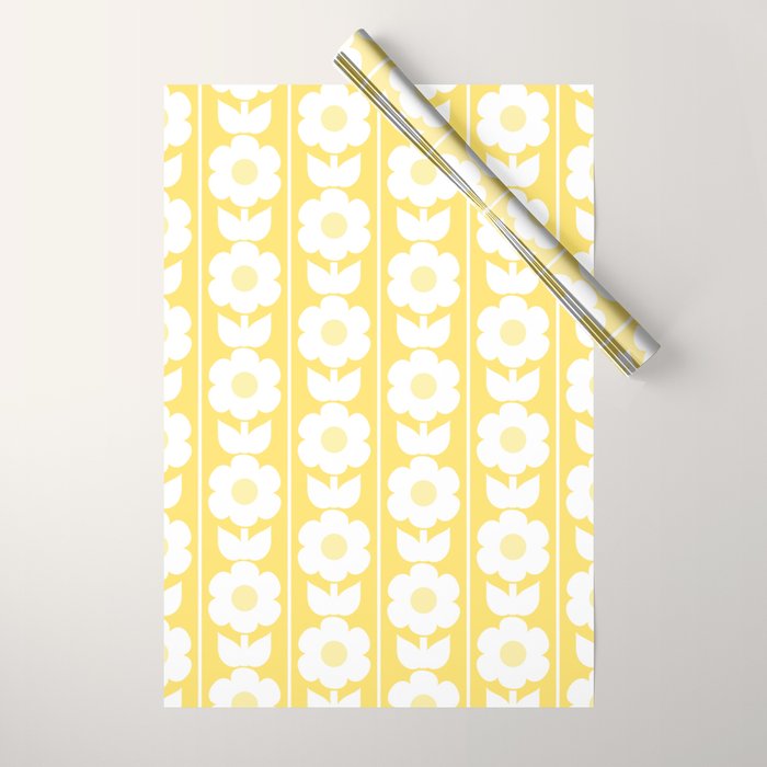 Vintage Floral Jonnty Flowers and Stripes Butter Yellow and White Cottage Stripes Wrapping Paper Gallery Image 1
