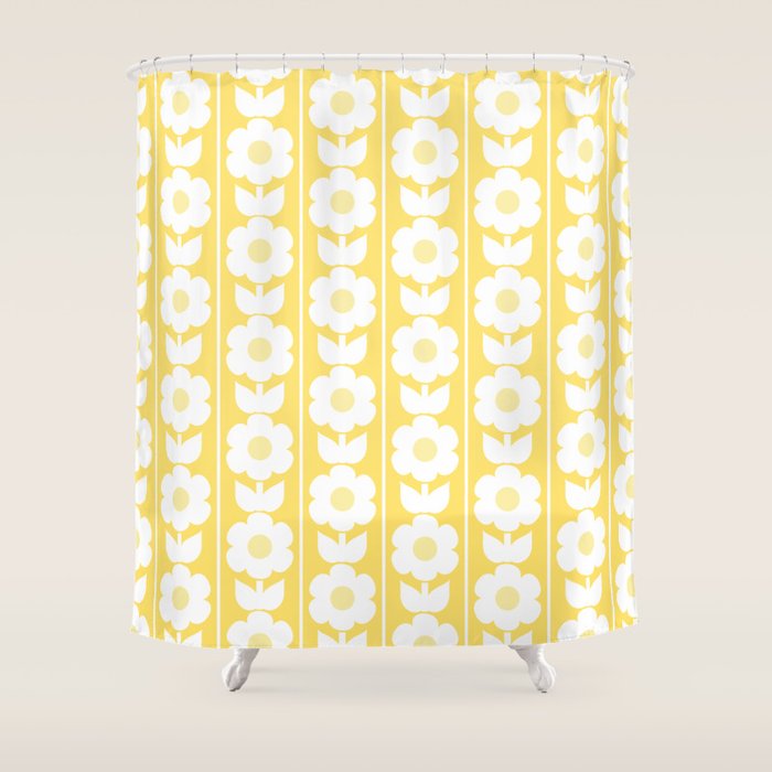 Vintage Floral Jonnty Flowers and Stripes Butter Yellow and White Cottage Stripes Shower Curtain Gallery Image 1