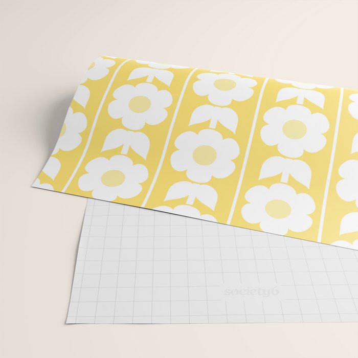 Vintage Floral Jonnty Flowers and Stripes Butter Yellow and White Cottage Stripes Wrapping Paper Gallery Image 2