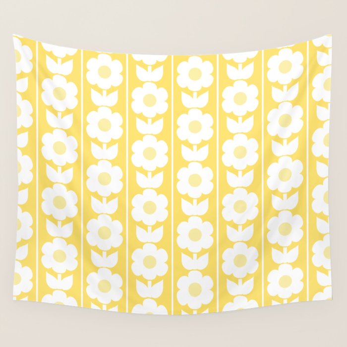 Vintage Floral Jonnty Flowers and Stripes Butter Yellow and White Cottage Stripes Wall Tapestry Gallery Image 4