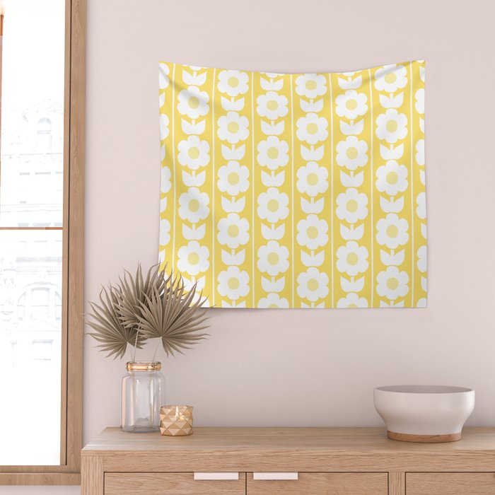 Vintage Floral Jonnty Flowers and Stripes Butter Yellow and White Cottage Stripes Wall Tapestry Gallery Image 2
