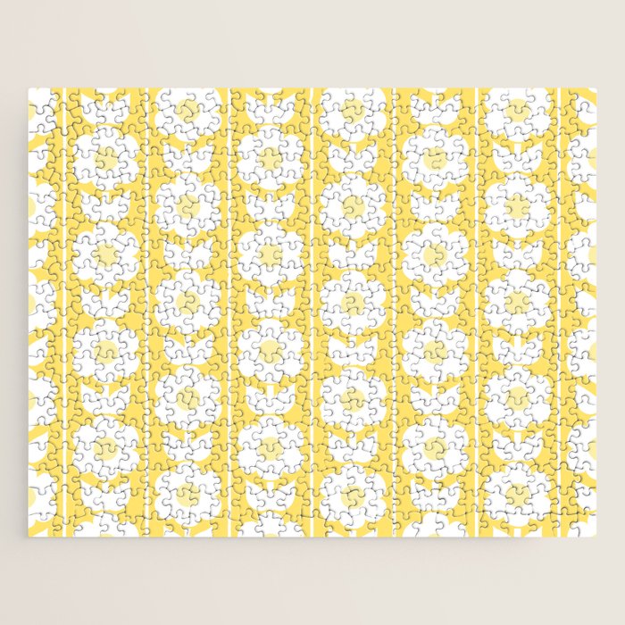 Vintage Floral Jonnty Flowers and Stripes Butter Yellow and White Cottage Stripes Jigsaw Puzzle Gallery Image 1