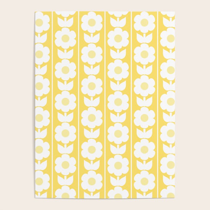 Vintage Floral Jonnty Flowers and Stripes Butter Yellow and White Cottage Stripes Poster Gallery Image 1