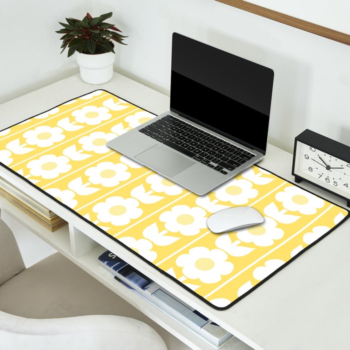 Vintage Floral Jonnty Flowers and Stripes Butter Yellow and White Cottage Stripes Desk Mat Gallery Image 2