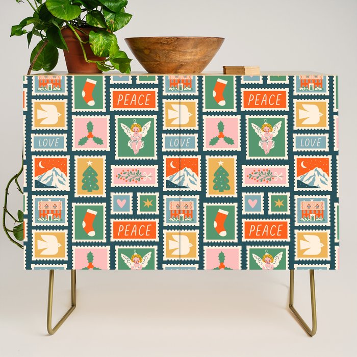 Vintage christmas postage stamp pattern Credenza Gallery Image 1