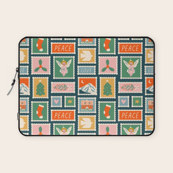 Vintage christmas postage stamp pattern Laptop Sleeve Gallery Image 1