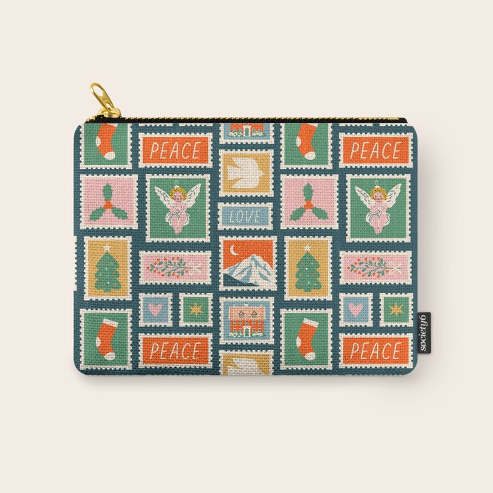 Vintage christmas postage stamp pattern Carry All Pouch Gallery Image 1
