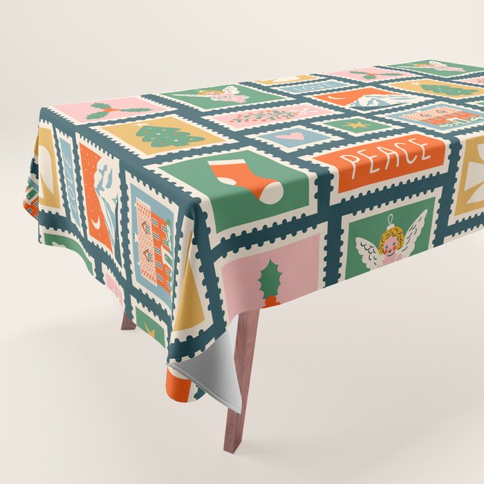 Vintage christmas postage stamp pattern Tablecloth Gallery Image 1