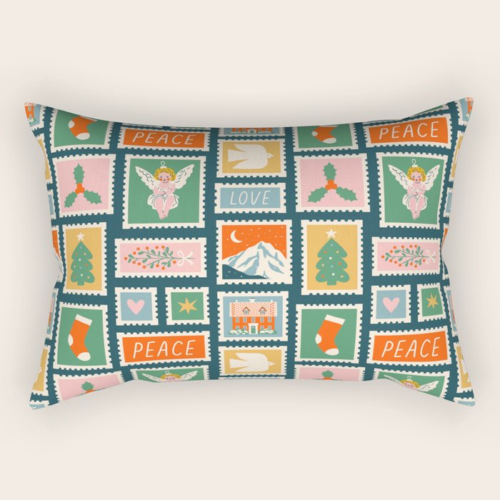 Vintage christmas postage stamp pattern Rectangular Pillow Gallery Image 2