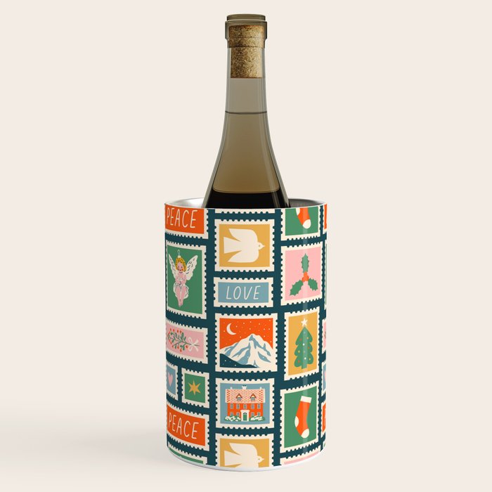 Vintage christmas postage stamp pattern Wine Chiller Gallery Image 1