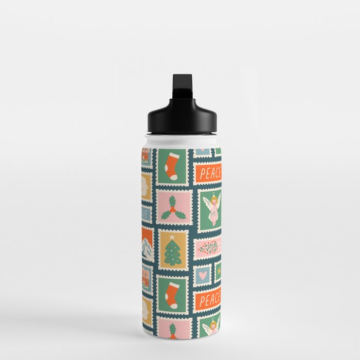 Vintage christmas postage stamp pattern Water Bottle Gallery Image 3