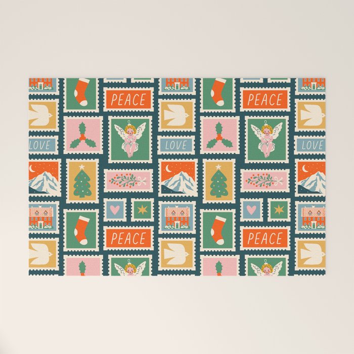Vintage christmas postage stamp pattern Welcome Mat Gallery Image 1