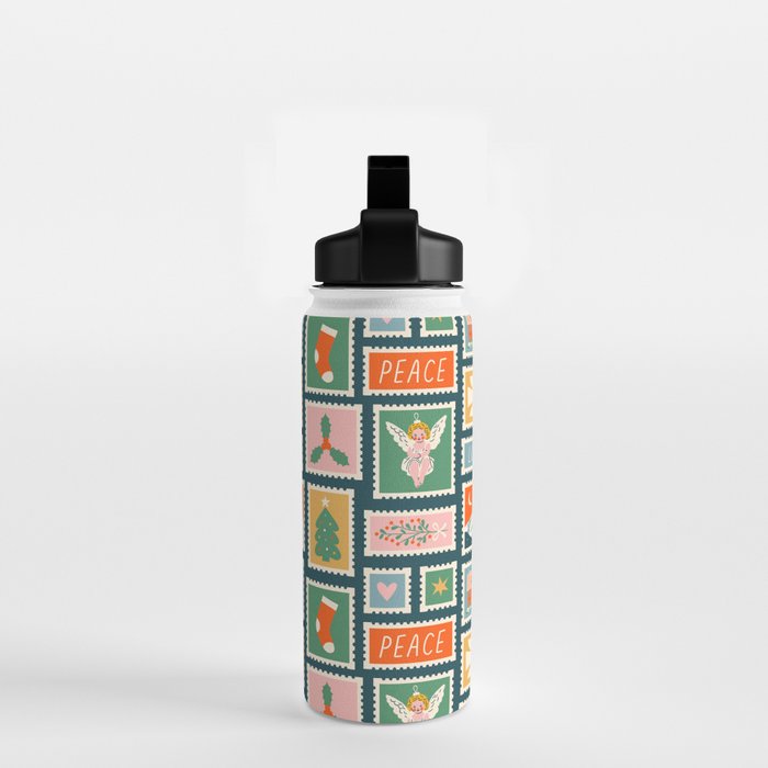 Vintage christmas postage stamp pattern Water Bottle Gallery Image 2