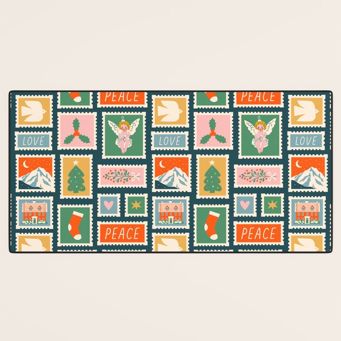 Vintage christmas postage stamp pattern Desk Mat Gallery Image 3