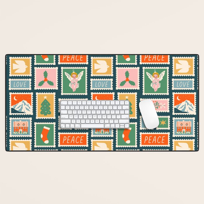 Vintage christmas postage stamp pattern Desk Mat Gallery Image 1