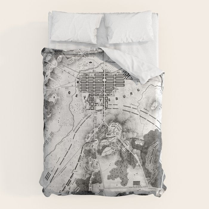 Vintage Map of The Gettysburg Battlefield (1863)BW Duvet Cover Gallery Image 6