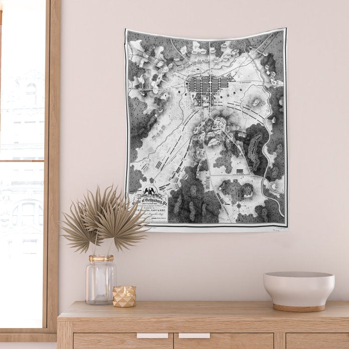 Vintage Map of The Gettysburg Battlefield (1863)BW Wall Tapestry Gallery Image 2