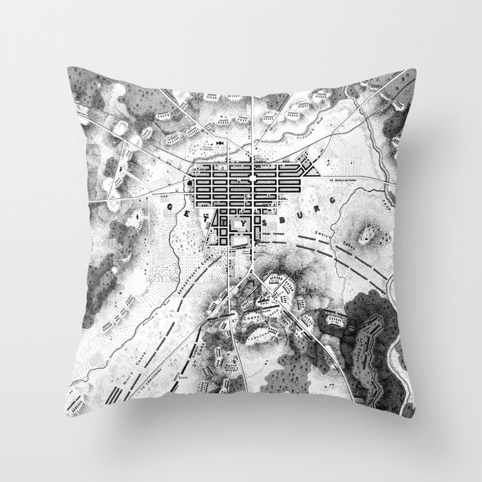 Vintage Map of The Gettysburg Battlefield (1863)BW Throw Pillow Gallery Image 1