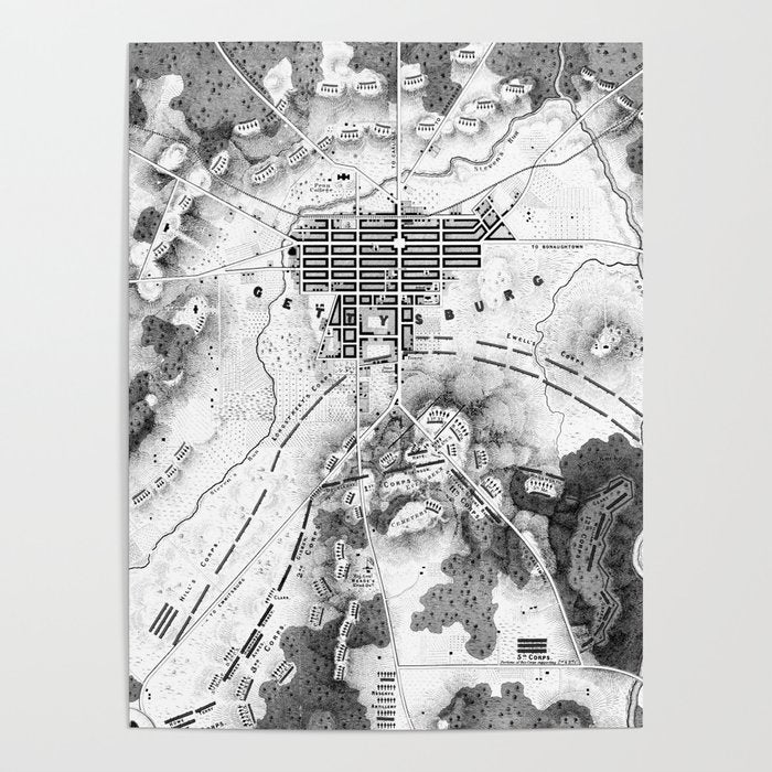 Vintage Map of The Gettysburg Battlefield (1863)BW Poster Gallery Image 1