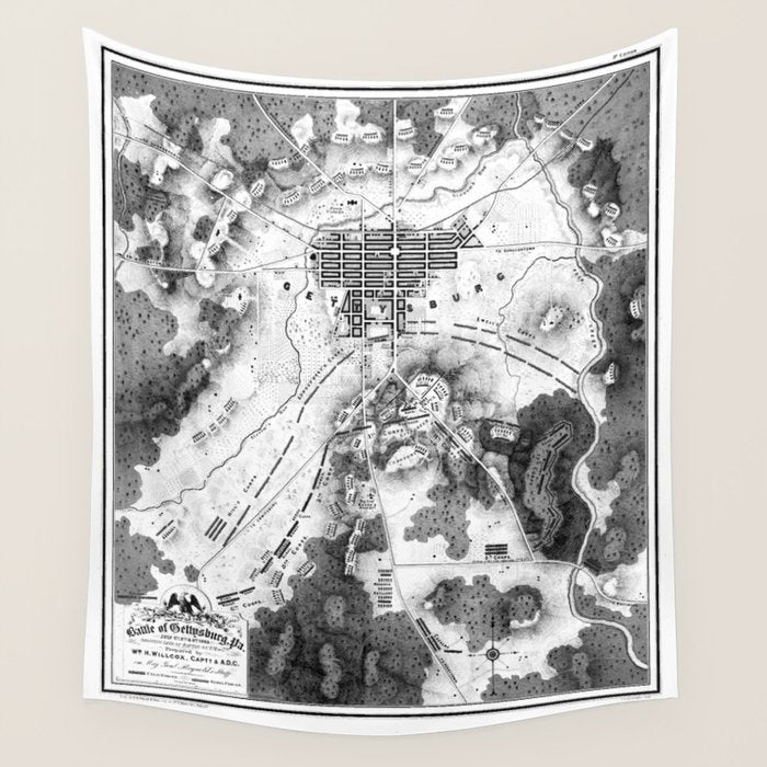 Vintage Map of The Gettysburg Battlefield (1863)BW Wall Tapestry Gallery Image 4
