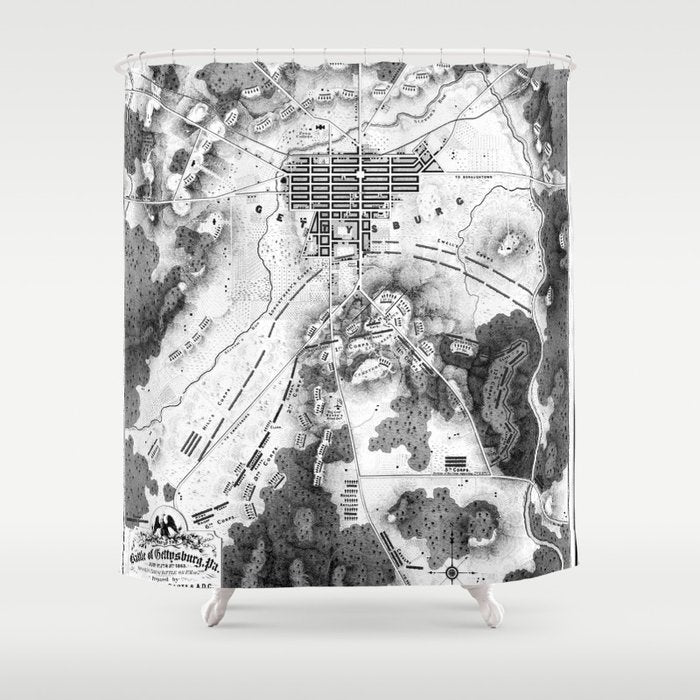Vintage Map of The Gettysburg Battlefield (1863)BW Shower Curtain Gallery Image 1