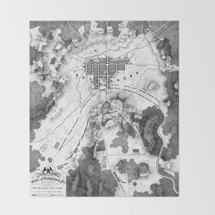 Vintage Map of The Gettysburg Battlefield (1863)BW Throw Blanket Gallery Image 2