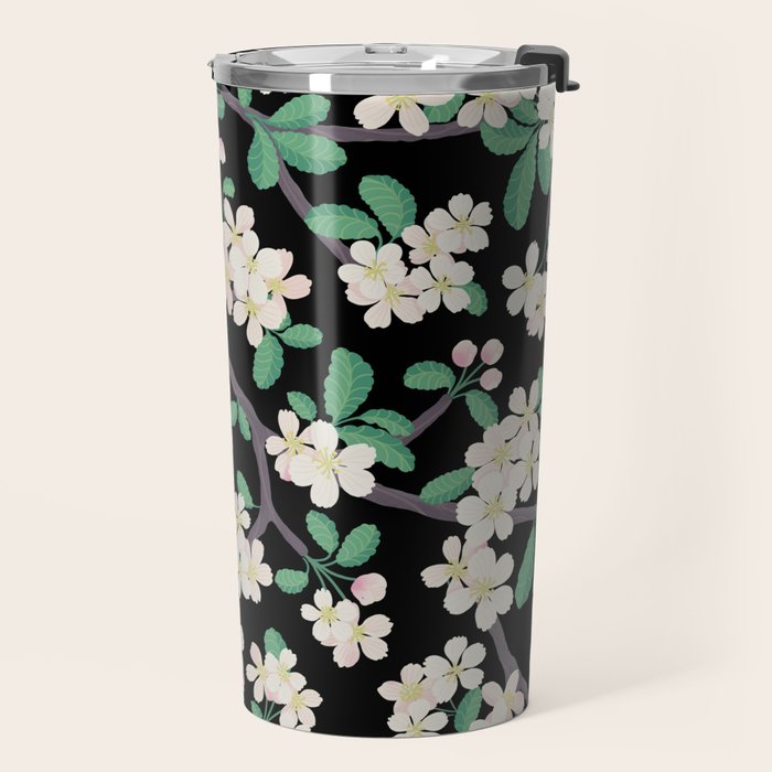 Apple Blossom Pattern on Black Travel Mug Gallery Image 2