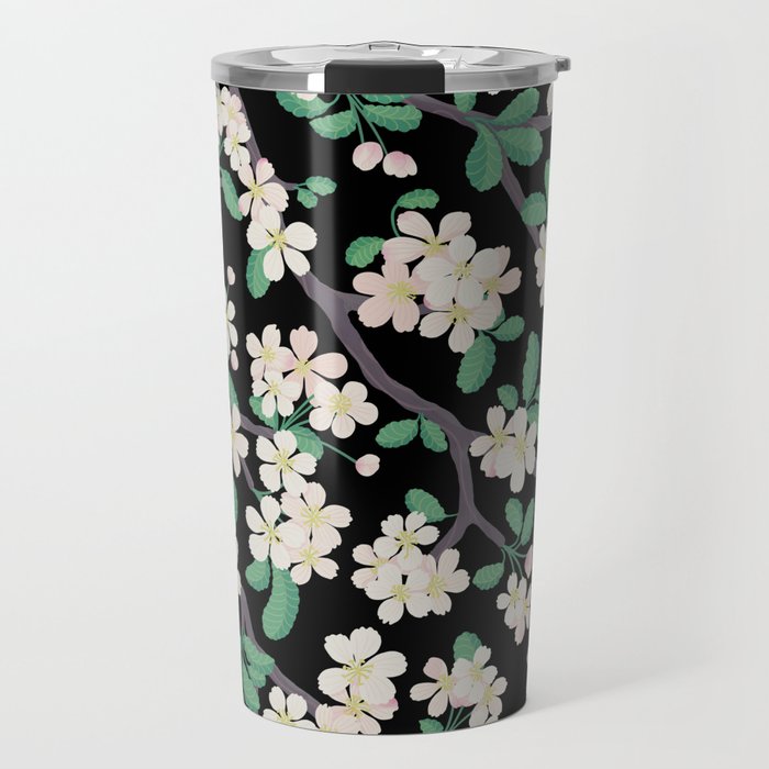 Apple Blossom Pattern on Black Travel Mug Gallery Image 1