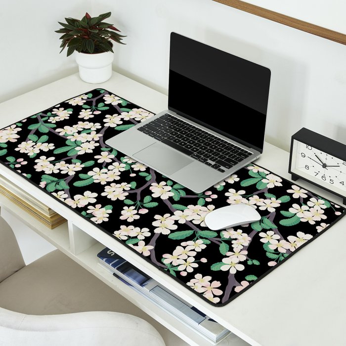 Apple Blossom Pattern on Black Desk Mat Gallery Image 2