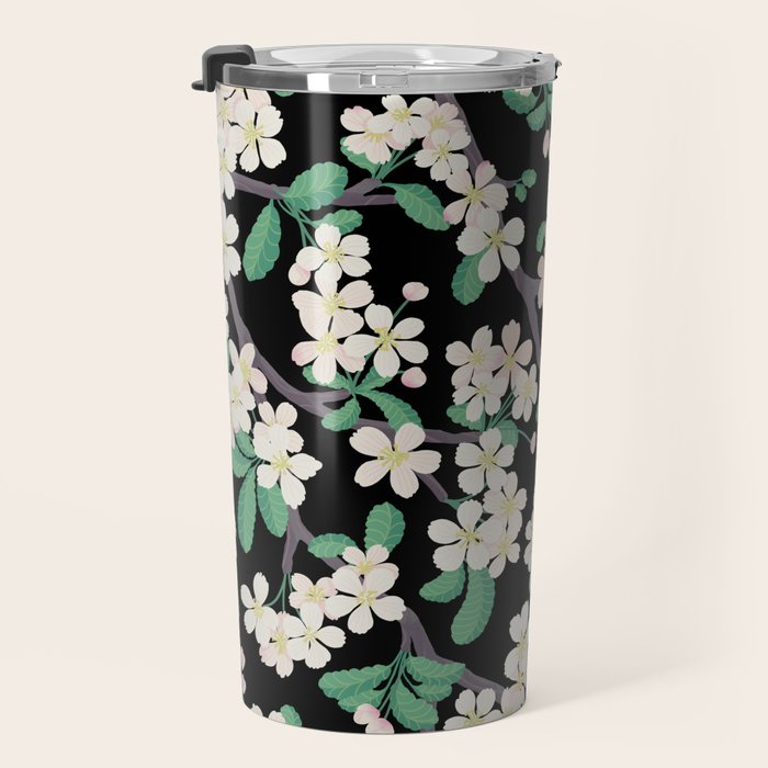 Apple Blossom Pattern on Black Travel Mug Gallery Image 3