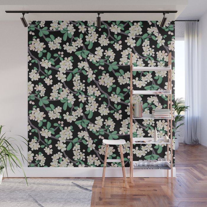 Apple Blossom Pattern on Black Wall Mural Gallery Image 1