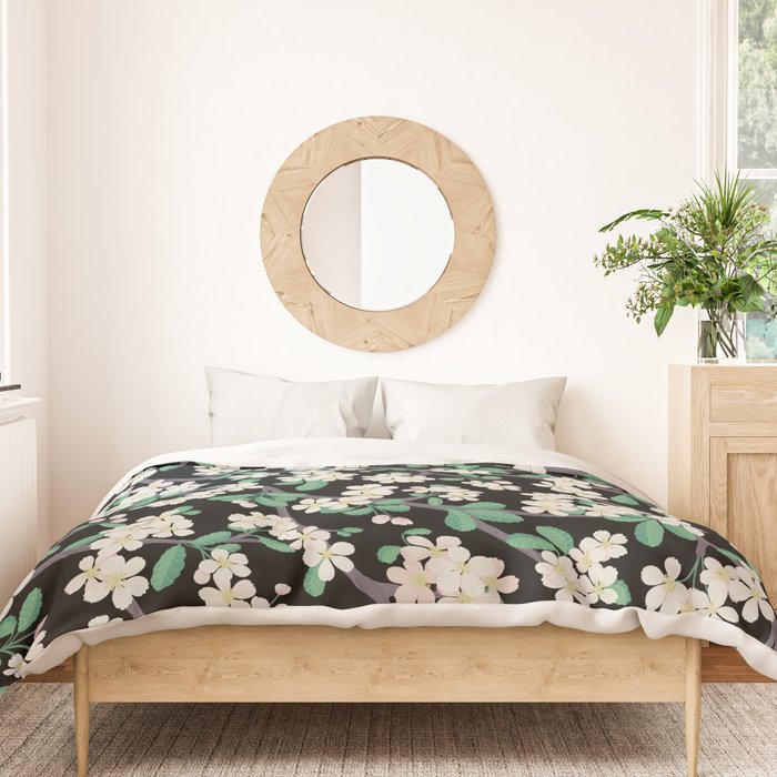 Apple Blossom Pattern on Black Duvet Cover Gallery Image 3