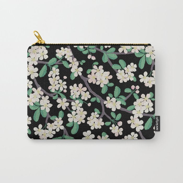 Apple Blossom Pattern on Black Carry All Pouch Gallery Image 1