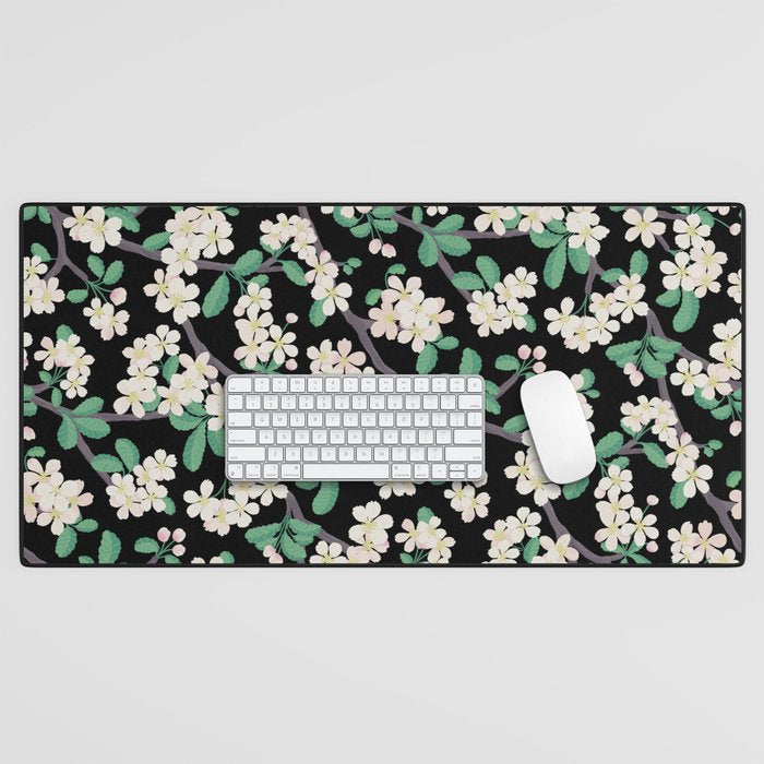 Apple Blossom Pattern on Black Desk Mat Gallery Image 1
