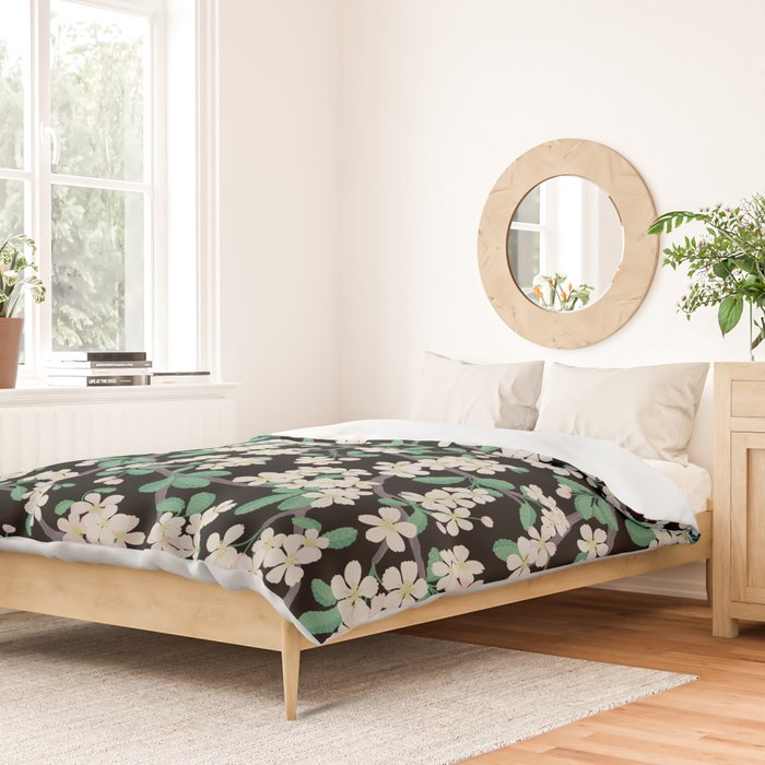 Apple Blossom Pattern on Black Duvet Cover Gallery Image 2