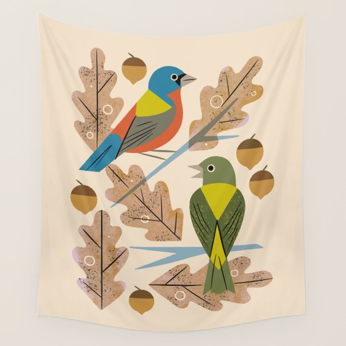 Bunting Pair In Oak Tree Wall Tapestry Gallery Image 1