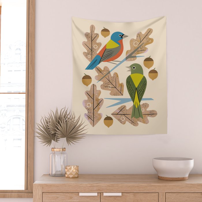 Bunting Pair In Oak Tree Wall Tapestry Gallery Image 2