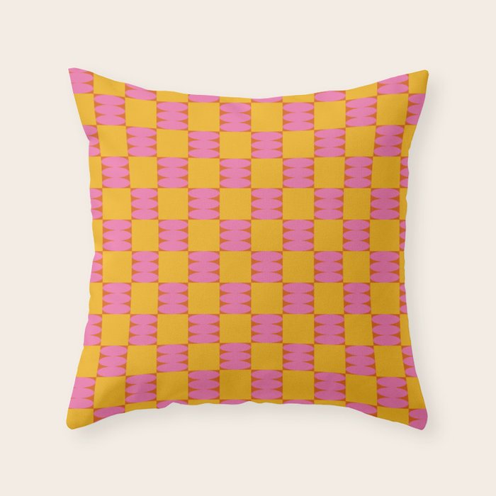 Retro Pink and Yellow Checkerboard Shapes Throw Pillow Gallery Image 1