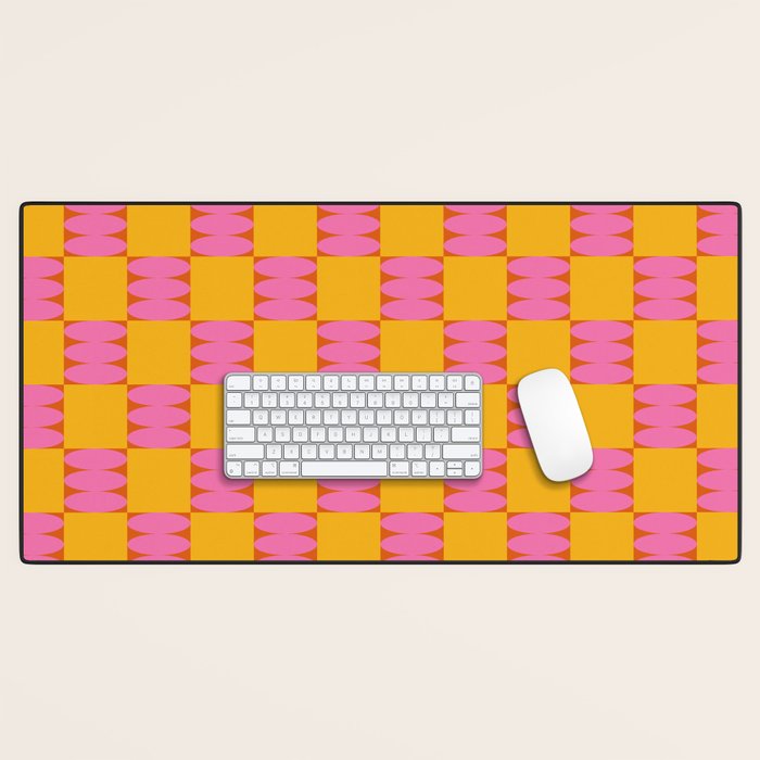 Retro Pink and Yellow Checkerboard Shapes Desk Mat Gallery Image 1