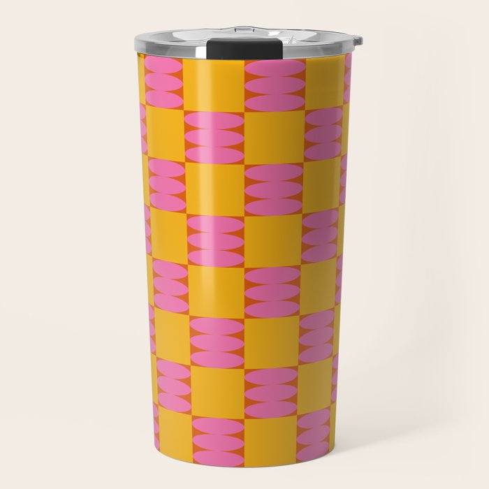 Retro Pink and Yellow Checkerboard Shapes Travel Mug Gallery Image 1