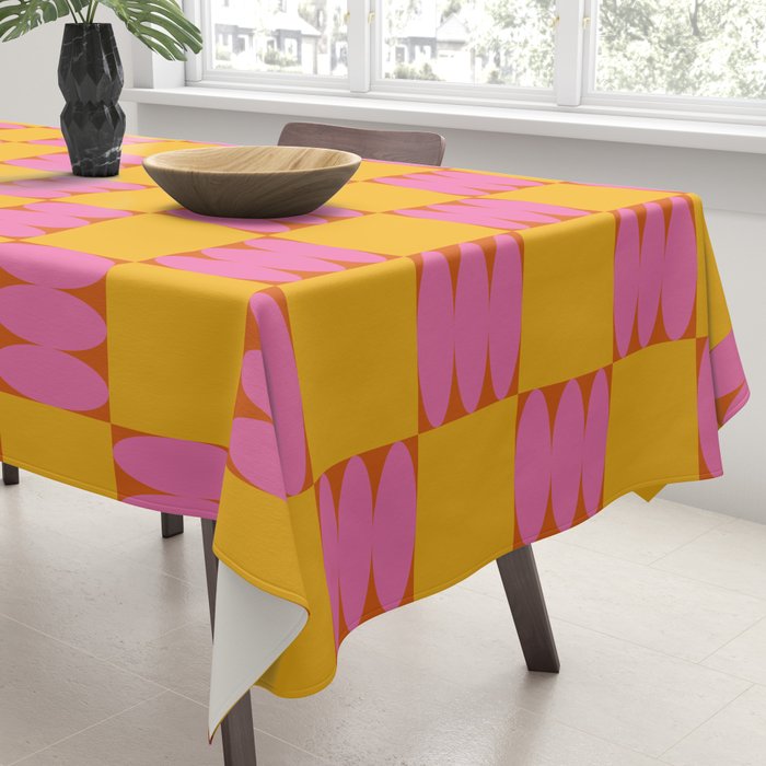 Retro Pink and Yellow Checkerboard Shapes Tablecloth Gallery Image 3