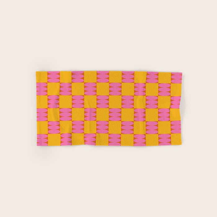 Retro Pink and Yellow Checkerboard Shapes Bath Towel Gallery Image 1
