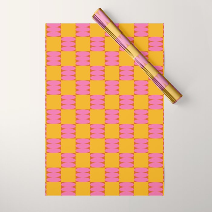 Retro Pink and Yellow Checkerboard Shapes Wrapping Paper Gallery Image 1