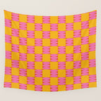 Retro Pink and Yellow Checkerboard Shapes Wall Tapestry Gallery Image 4