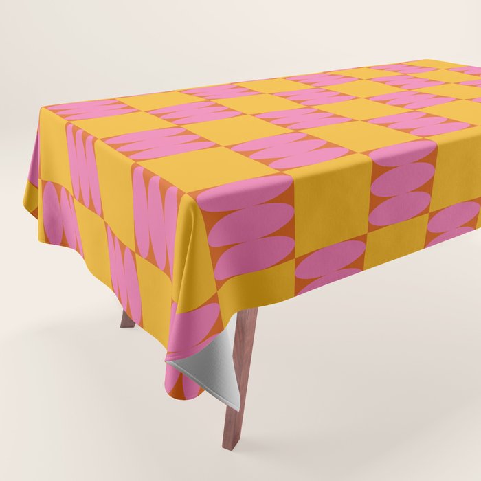 Retro Pink and Yellow Checkerboard Shapes Tablecloth Gallery Image 1